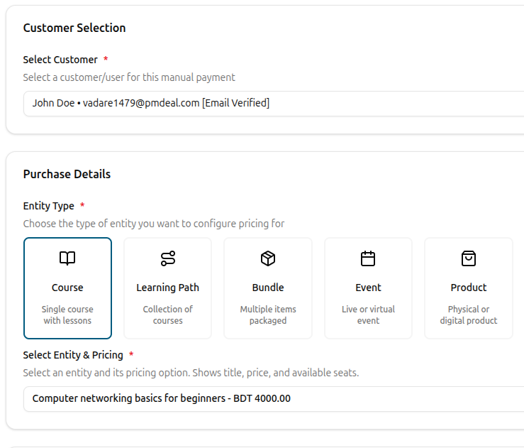 Manual payment form selecting a customer and choosing the program and pricing