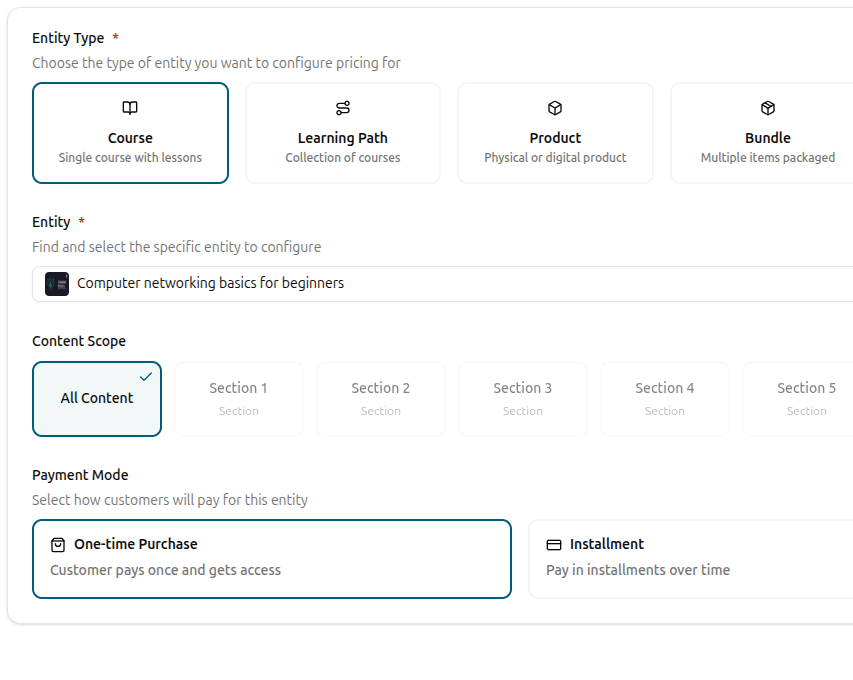 Pricing form with entity type, content scope and payment mode options