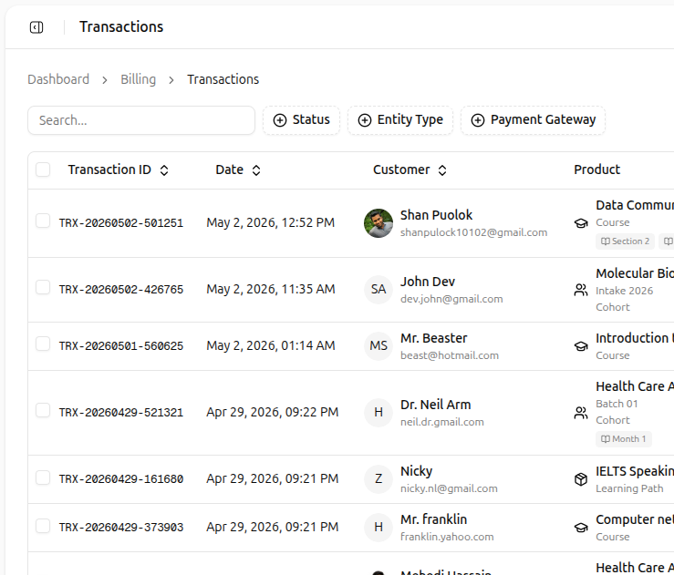 Transactions list with filters for status, entity type and payment gateway