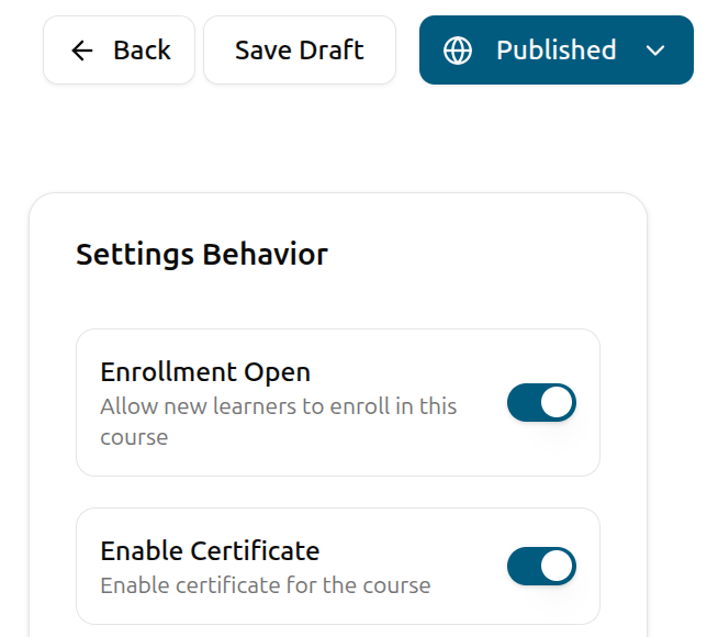 Publish dialog with enrollment open and late-enrollment toggles