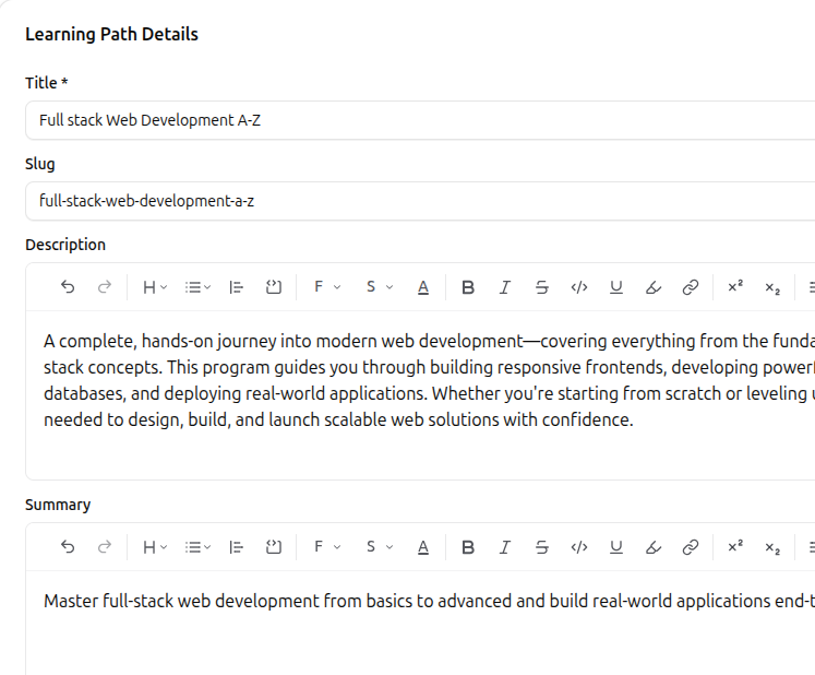 Learning path creation form with title, summary and type