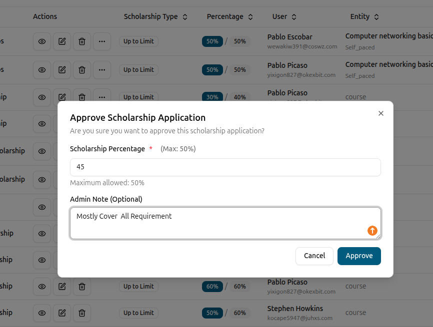 Scholarship Applications list with pending rows and an approve / reject action panel