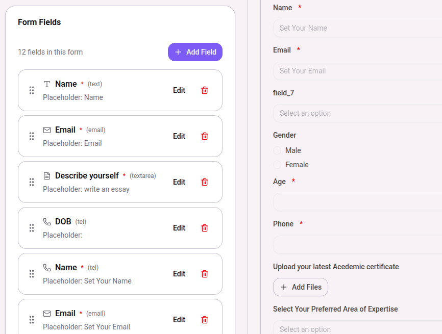 Form builder with custom fields for a scholarship application