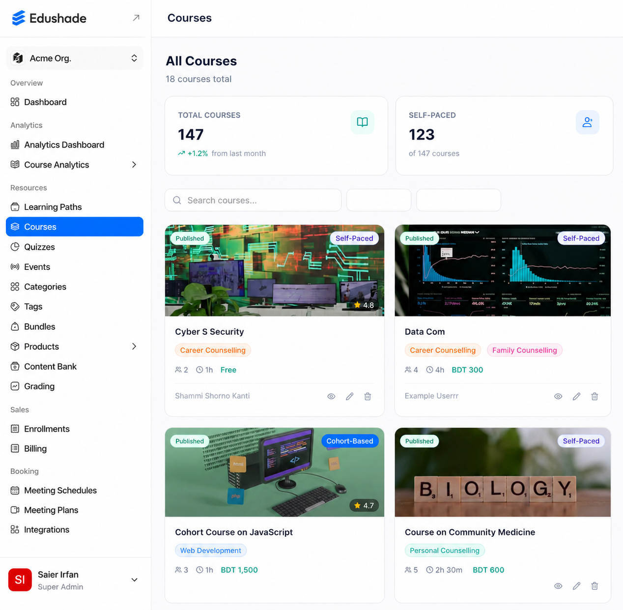 Dashboard preview for courses and content