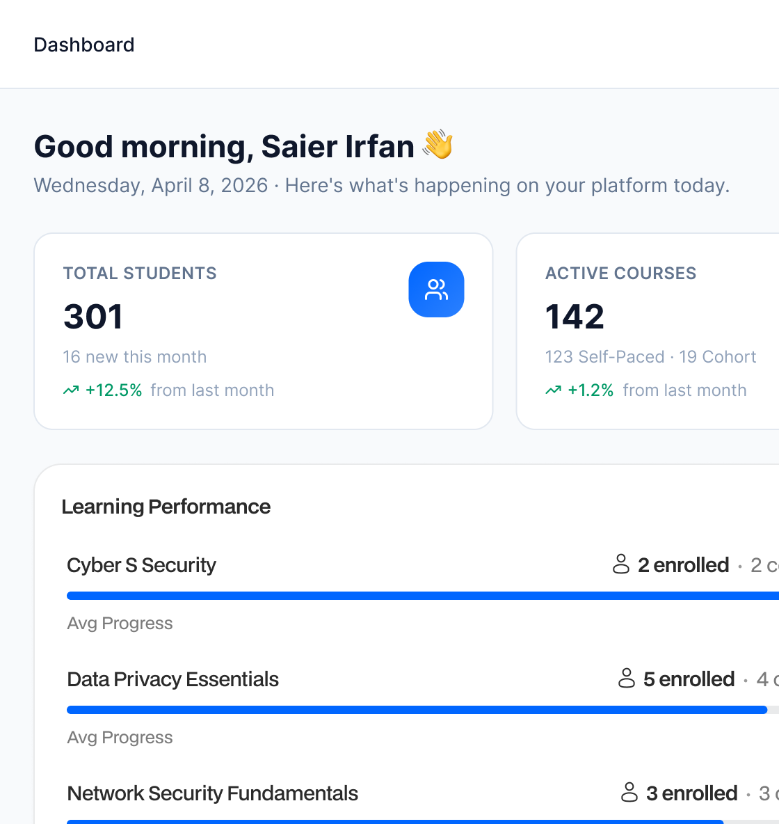 Dashboard preview for courses and content